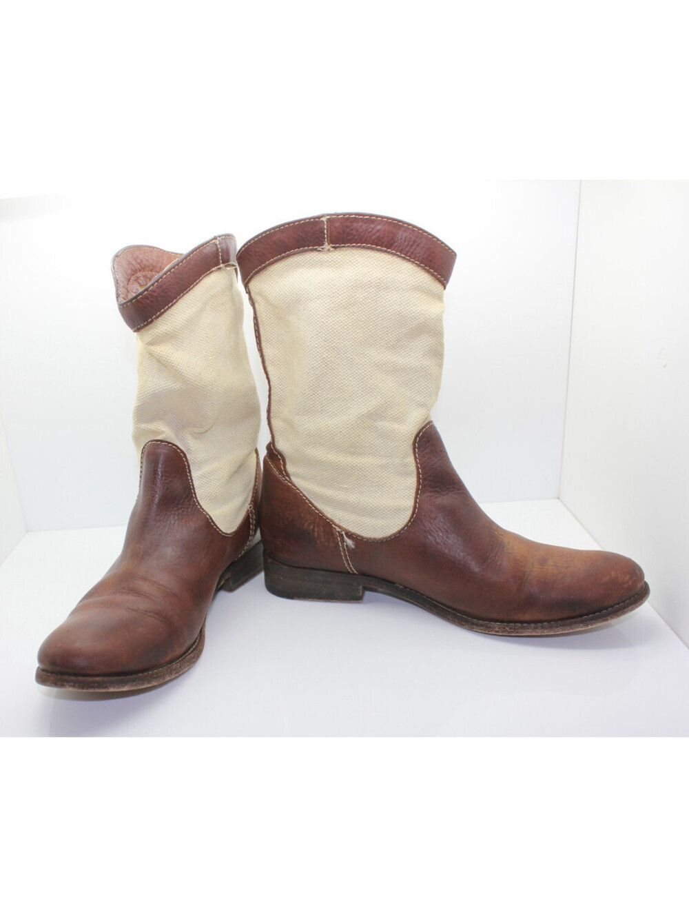 FRYE Melissa 77895 Brown Leather Canvas Mid Calf Slouch Western Boots Women's 8
